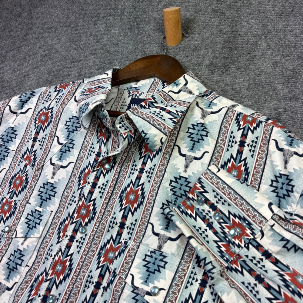 Wrangler Western Snap Shirt Mens XLT Blue Red Aztec Steer Skull Cowboy XL Tall